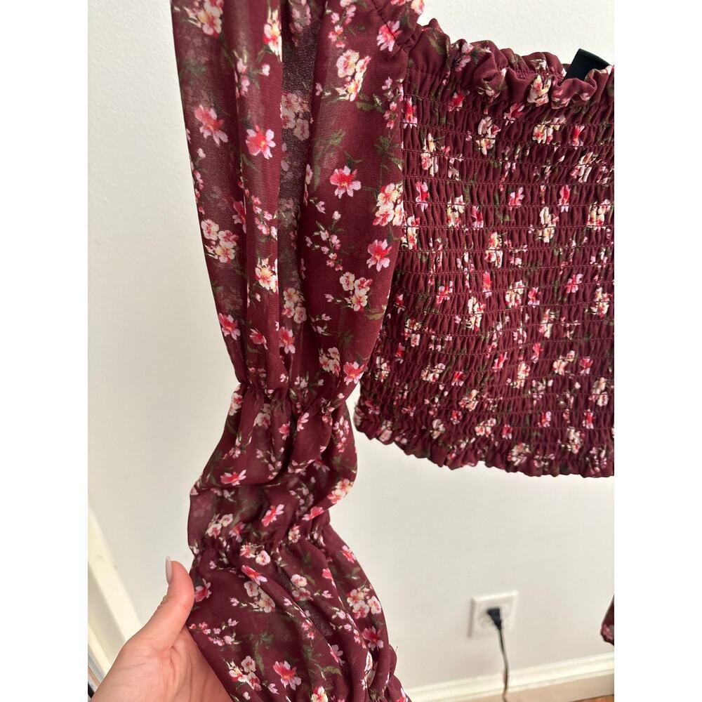 Wild Fable Floral Smocked Crop Top XS Burgundy Long Sleeve Cottagecore Blouse - Picture 7 of 12